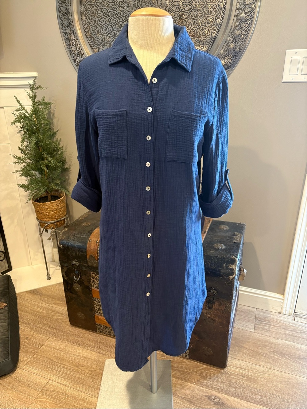 4OUR DREAMERS Navy Button-Front Gauze Shirt Dress